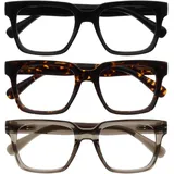 OPULIZE ERA Blaulichtfilter Lesebrille für Damen Herren - Entspiegelt & blendfrei - 3er-Pack UV400-Schutz - Großer rechteckiger Rahmen - Computerbrillen Gaming - Schwarz Braun Grau - +1,00