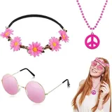 TECKI 3pcs Rosa Hippie Accessoires Set – Halskette mit Peace Zeichen, Stirnband Mit Blumenkrone, Hippie Sonnenbrille, Damen Partykleidung, Faschingskostüme, 70er Jahre Accessoires