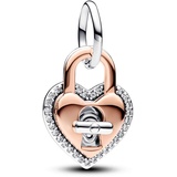 PANDORA Bicolor Drehbares Herz-Schloss Doppelter Charm-Anhänger aus Sterling Silber mit 14 Karat rosévergoldeter Metalllegierung, Zirkonia, Kompatibel Moments Armbänder, 783079C01