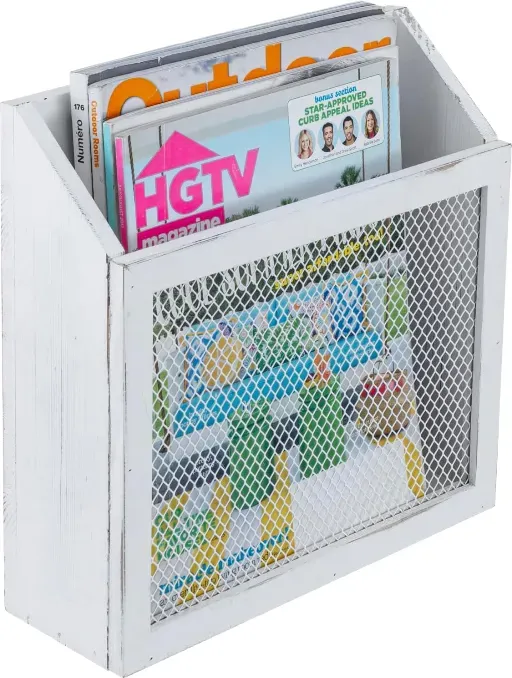MyGift Rustikaler Zeitschriftenhalter Vintage Weißes Holz und Hühnerdraht-Design Wandmontiert/Tisch-Postsortierer, Landhausstil, Badezimmer, Büro-Zeitschriftenständer