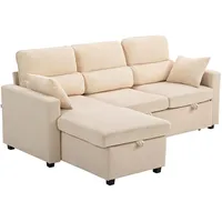 HOMCOM Ecksofa mit Schlaffunktion L-Form Sofa Schlafsofa mit Bettkasten, Kissen, 3-Sitzer Wandelbare Eckcouch mit Cordoptik Schlafcouch für Wohnzimmer, Gästezimmer, Beige