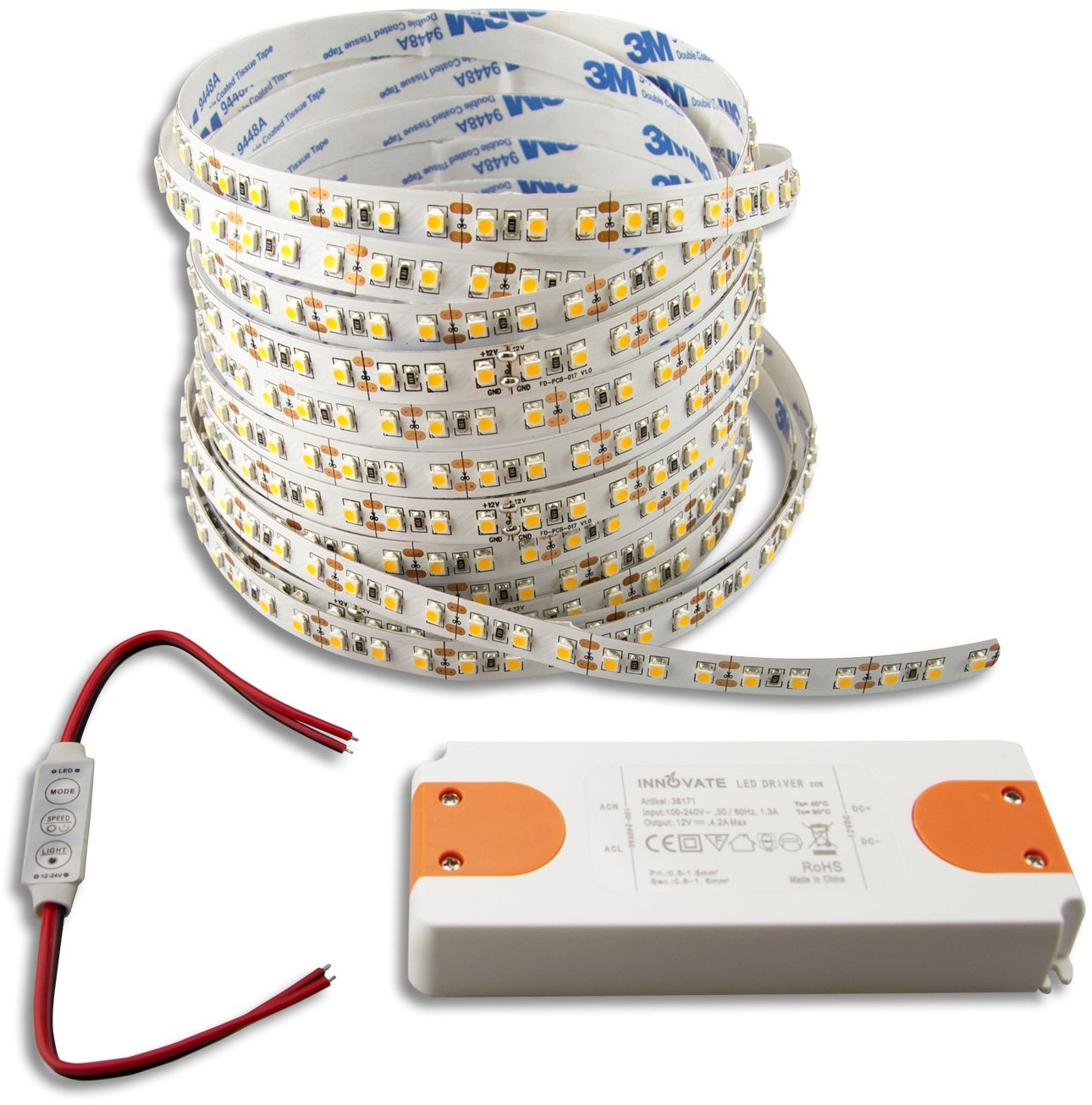 INNOVATE® LED Strip 5M SET | 12V | 9,6W/m | inkl. Mini Kabeldimmer + Trafo ECO Transformator für LED Stripes | Driver | Netzteil | Flexband | LED Streifen