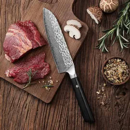 Zayiko KURO Santokumesser japanischer Damaststahl VG-10, sehr hochwertiges Damast-Küchenmesser mit Pakaholzgriff schwarz