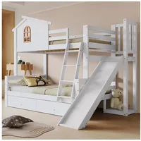 HAUSS SPOLE Etagenbett 90x200cm & 120x200cm mit Leiter, Rutsche und 2 Schubladen, Weiß (Kinderbett Hochbett mit Spielbereich und Stauraum, mit 1 Matratze), Untere Liegefläche 120 × 200 cm für Erwachsene oder Jugendliche