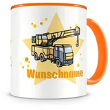 Samunshi® Kindertasse mit Namen Tasse Kranwagen Personalisierte Tasse mit Namen Kinder Kinderbecher mit Namen Kindergarten orange 300ml