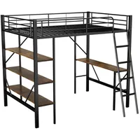 Rutaqian Hochbett Bettgestell Metallbett, Eisenbett, Hochbett 90x200 cm (Hochbett mit Schreibtisch und drei großen Ablagen) für Kinder, Jugendliche und Erwachsene,schwarz /Weiß