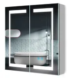 Quavikey® Badezimmer Spiegelschrank mit Licht und Rasiersteckdose 2 Türen Grauer Medizinschrank Wandmontage mit Regal 3 Farblichter und Entnebelung 630x650