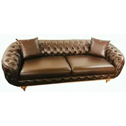 Casa Padrino Luxus Chesterfield Kunstleder Sofa Dunkelbraun / Naturfarben - Wohnzimmer Sofa - Wohnzimmer Möbel - Luxus Möbel - Wohnzimmer Einrichtung - Luxus Einrichtung - Möbel Luxus
