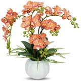 Künstliche Orchideen wie Echt, Orchideen Künstlich mit Topf Kunstblumen im Topf Plastik Pflanzen für Wohnzimmer Schlafzimmer Büro Garten Deko (orange)