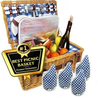 Eleganter Picknickkorb aus Weidengeflecht für 4: umfassender isolierter Kühler, Käse- und Weinzubehör, klassisches blaues Weiden-Set, perfekt für Strand, Camping und Familienabenteuer
