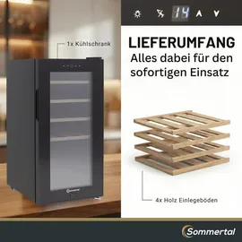 sommertal WK 50 Weinkühlschrank – 15 Flaschen, 5–20 °C einstellbar, abschließbar, LED-Beleuchtung, Glastür, Touchscreen, | 5-20°C, UV-Schutz