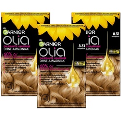 Garnier Olia Dauerhafte Haarfarbe ohne Ammoniak, Mit pflegenden und natürlichen Ölen Honigblond 3 St