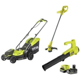 RYOBI Set Akku Rasenmäher Rasentrimmer Laubbläser mit Akku & Ladegerät