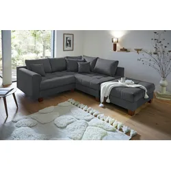 Ecksofa HOME AFFAIRE "Rice L-Form inkl. Hocker", grau (dunkelgrau), B:216cm H:42cm T:185cm, 100%Polyester, Sofas, mit Bonnellfederkern, Hocker & Kissen, Ottomane beidseitig montierbar