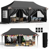 Pavillon 3x6 mit 6 Seitenwänden, Faltpavillon 3x6 Wasserdicht Stabil Winterfest, Faltbar Partyzelt 3 x 6, Anti-UV 50+ Gartenpavillon, 6 PCS Sandsack 12 Erdhaken, für Markt, Hochzeiten, Patio, Schwarz