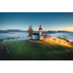 Fototapete PAPERMOON "PANORAMA-KIRCHE SONNE GEBIRGE LANDSCHAFT SLOWENIEN XXL", bunt, B:3,50m L:2,60m, Vlies, Tapeten