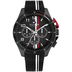 Chronograph TOMMY HILFIGER "BANK", schwarz, Armbanduhren, Herren, Quarzuhr, Armbanduhr, Herrenuhr, Silikonarmband, analog, Stoppfunktion