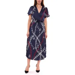 DELMAO Damen Maxi-Kleid stylisches Sommer-Kleid mit Allover-Muster 65542222 Navy