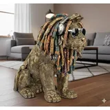 Formano Dekofigur Löwe 36cm – handbemalte Skulptur mit Dreadlocks und Kopfhörern - Schwarz