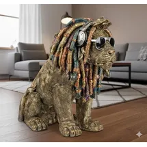 Formano Dekofigur Löwe 36cm – handbemalte Skulptur mit Dreadlocks und Kopfhörern - Schwarz