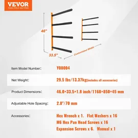 Vevor Kayak Wandalterung Kajak Aufhänger 1168 x 850 x 45 mm, Kajakständer 4 Kajaks 797,5 ± 10 mm Stützarmlänge, 181,6 kg Tragfähigkeit Kajak Aufbewahrungsregal Robuste Kajak-Aufbewahrungshaken