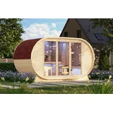 Karibu Saunahaus Außensauna Gartensauna Fasssauna breit unbehandelt Ofen 9 kW  externe Strg easy 38mm Massivholz 401x220x229 cm