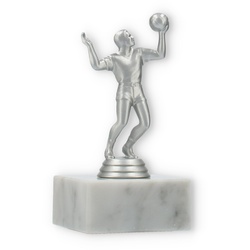 Pokal Kunststofffigur Volleyballspieler silbermetallic auf weißem Marmorsockel 12,9cm