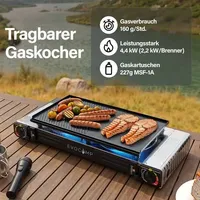 EVOCAMP Gaskocher 2-flammig mit Piezozündung mit 2 Gaskartuschen und Grillaufsatz 32 cm