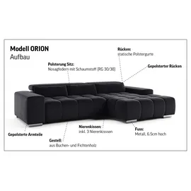 Cotta Ecksofa COTTA "Orion L-Form", schwarz (charcoal), B:307cm H:73cm T:186cm, 100% Polyester, Sofas, Ecksofa, mit 2x Kopfteilverstellung & 3 Nierenkissen
