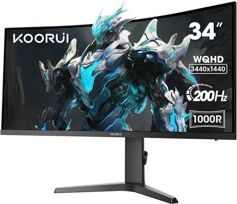 KOORUI 34E6UC 34 Zoll Ultrawide Curved Gaming-Monitor, PC-Bildschirm 200 Hz, 1 ms, HDR 400, 1000R, UWQHD 3440x1440, Adaptive Sync, 2x HDMI & DisplayPort, VESA 75x75 mm, DCI-P3 90 %, Höhenverstellbar