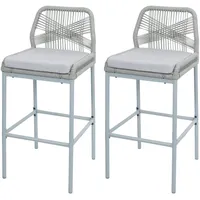 Mendler 2er-Set Rope-Barhocker HWC-O21, Outdoor Sitzpolster Seilgeflecht Metall hellgrau,