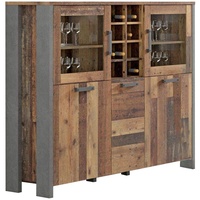 Forte Highboardvitrine mit 3 Türen unf 2 Glastüren, Holzwerkstoff, Old –Wood Vintage/ Betonoptik Dunkelgrau, 151,3 x 125,4 x 41,5 cm