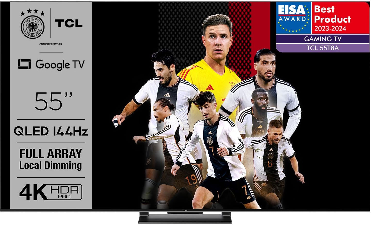 TCL 55T8A 55-Zoll-Fernseher, QLED, HDR 1000 nits, Full Array Local Dimming, IMAX Enhanced, 144Hz VRR, Dolby Vision und Atmos TV, Unterstützt bei Google