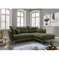 Ecksofa INOSIGN "Lazio" Sofas Gr. B/H/T: 255cm x 94cm x 180cm, Velours, Recamiere rechts, grün (olive) zwei verschiedene Fußfarben wählbar