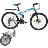 Fridgestea 26 Zoll Mountainbike Klappbar, 21 Gang Klapprad, Klappfahrrad Erwachsene Jugendfahrrad MTB mit Scheibenbremsen vorne und hinten für Jungen Mädchen Damen Herren (Blau+Weiß)