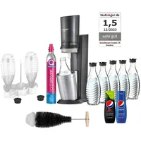 SodaStream Wassersprudler SODASTREAM Crystal 3.0, 2x Pepsi Sirup 5x Glaskaraffen Flaschenhalter, (Flaschenbürste, bis zu 60 Liter Sprudler Getränke, Vorteilspack, 10-tlg., Glaskaraffen, CO2-Zylinder, Sirup, Flaschenhalter, Flaschenburste), Spülmaschinenfeste CRYSTAL Duo Glaskaraffe, 0,7 L schwarz