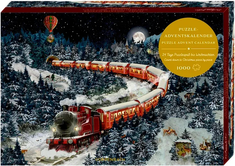 1000 Teile Puzzle Adventskalender 73 x 51 cm Mehrfarbig Karton - eeBoo Weihnachtszug - Nummerierte Teile, ab 7 Jahren