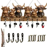 Rustikaler Highland-Kuh-Schlüsselhalter aus Holz für die Familie, Bauernhaus-Wandbehang-Organizer mit 4 Metallhaken, dekoratives Metall-Schlüsselbrett im Landhausstil mit Kuh-Wand (2PCS-A)
