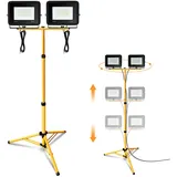 Jiubiaz Baustrahler LED mit Stativ, 2x20W Arbeitsstrahler 1700LM Bauscheinwerfer 6000K Kaltweiß, Höhenverstellbar Stativ und 1m Kabel, IP66 Wasserdicht Baulampe Schuppen (kein Stecker)