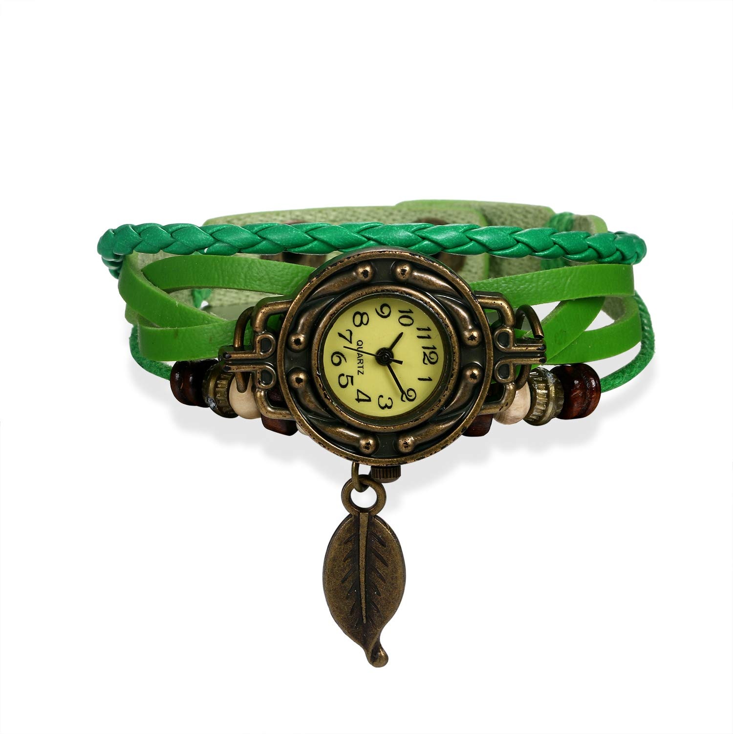 JewelryWe Damen Armbanduhr, Retro geflochten Leder Armband Armreif Armkette Uhr mit Baum Blatt Anhänger, Grün