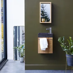 Badunterschrank hängend aus Teakholz mit schwarzem Marmorwaschbecken Stelle blac