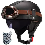 WZGGTEAM Deutsche Leder Motorrad Halbhelme mit Schutzbrille, Jethelme Vintage Motorradhelm ECE Zertifiziert, Chopper Helm, Scooter-Helm, Fahrradhelm mit Herausnehmbares Innenfutter