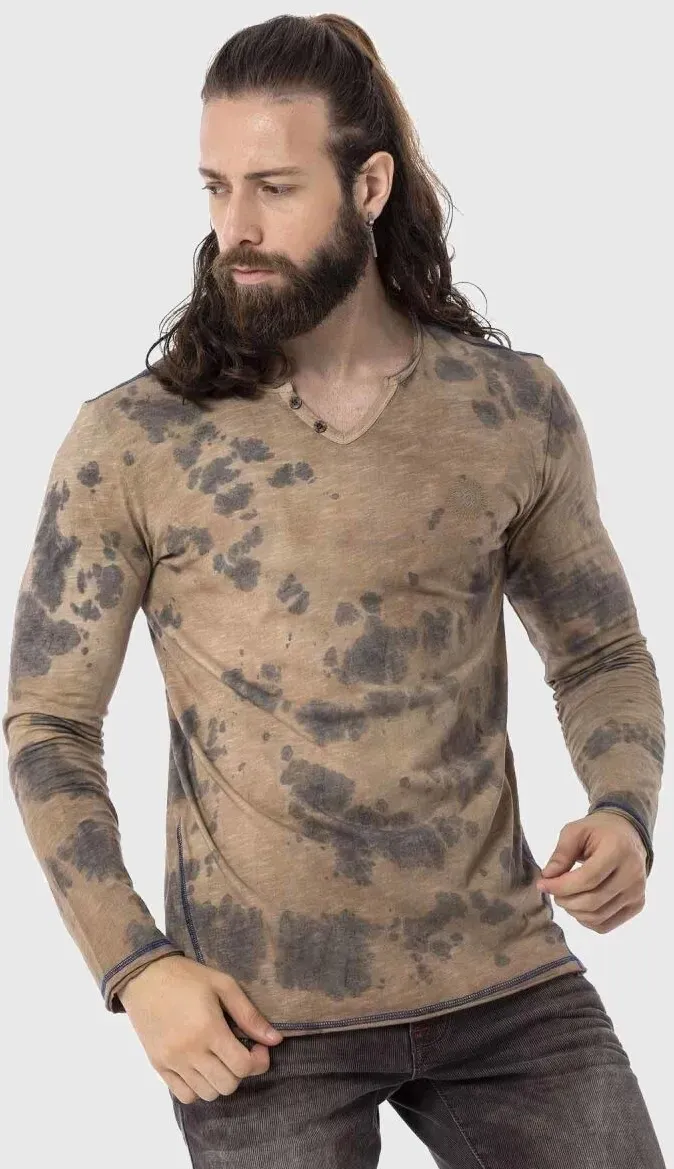 T-Shirt CIPO & BAXX "Sweatshirts", Herren, Gr. 2XL, braun, 100% Baumwolle, meliert, casual, regular fit, V-Ausschnitt, Langarm, Shirts, im Batik-Design