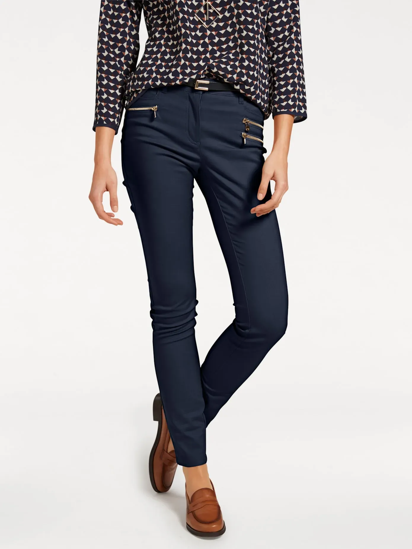 Stretch-Hose HEINE, Damen, Gr. 21, Kurzgrößen, blau (marine), 48% Baumwolle, 45% Polyester, 7% Elasthan, Miedereinsatz:15% Elasthan, 85% Polyamid, unifarben, lang, Hosen