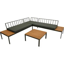 DEGAMO Lounge Set Gartenlounge Ecklounge RANGUN, Stahl anthrazit verzinkt+ Akazie geölt, mit Polstern grau - Braun/Grau