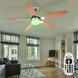 ETC Shop Rgb Led Deckenventilator Deckenlampe Vor Rücklauf 3 Stufen Zugschalter Fernbedienung dimmbar, Montage an Schrägen, 1x 4,8w 470lm warmweiß, Dxh 132 x 40,6 cm