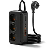 Mehrfachsteckdose 3-Fach mit USB C, Steckdosenleiste mit 4 USB-A & 2 USB-C, Steckerleiste mit Schalter, 1,8 m Kabel, Wandmontage, 2500W, Schwarz, für Küche Büro Zuhause