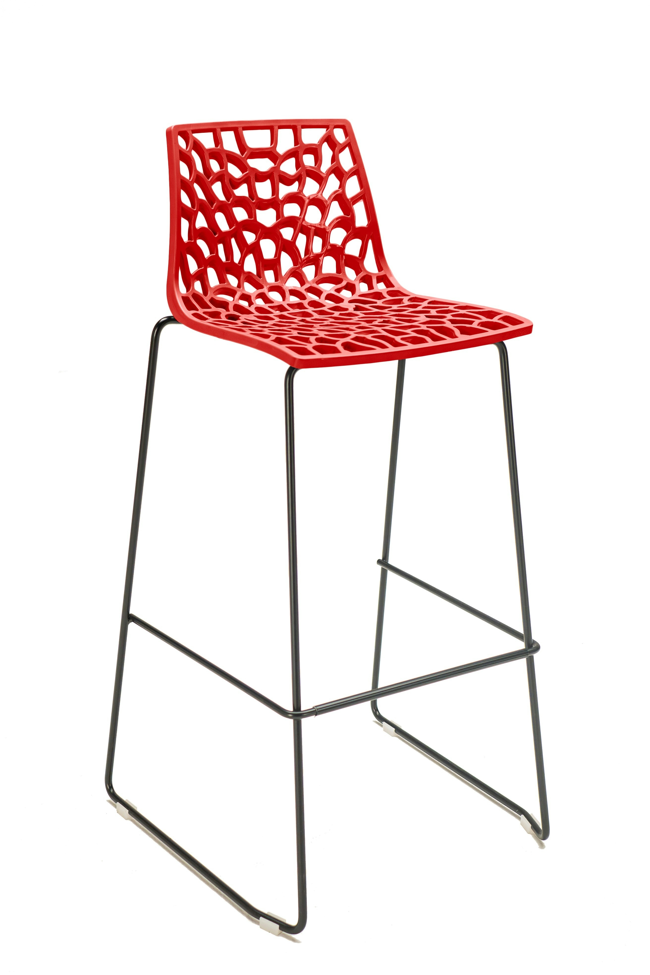 GRANDSOLEIL BARSTUHL SPIDER mit glänzendem Polypropylen-Sitz rot und schwarz lackiertem Rundstab Metallgestell.