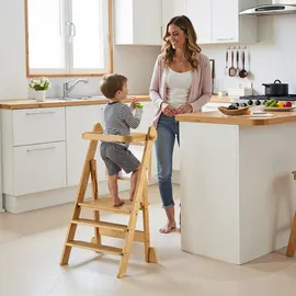 Wiltec Kinderstuhl Lernturm klappbar 43 x 48 x 91 cm aus Bambus, höhenverstellbarer Lernstuhl für Kinder, Stehturm mit Schutzgeländer