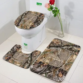 FEHWI Badezimmerteppich 3 Teil Mikrofaser -Saugbad Teppichpolster für Dusche,Badewanne und Toilette,Maschine waschbar,Retro alte Waldtarnkunst, braune Kiefer mit braunen und grünen Blättern auf Äste